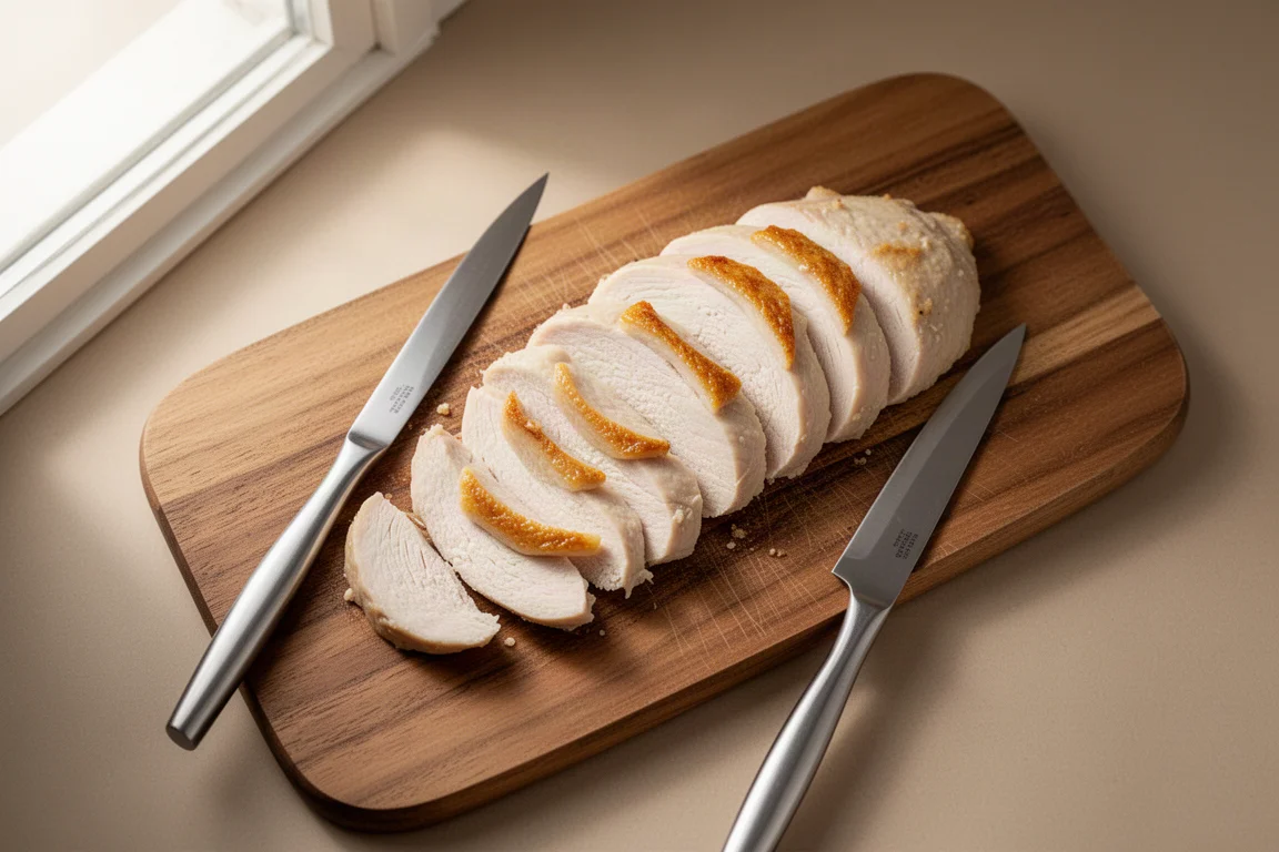 Slices of cooked chicken breast with skin neatly cut on a wooden cutting board