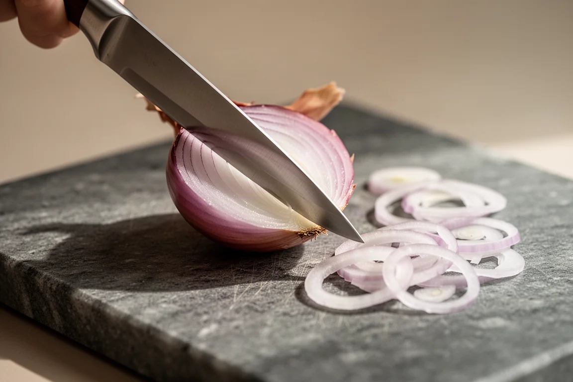 Close-up of a knife tip slicing a shallot on a cutting board