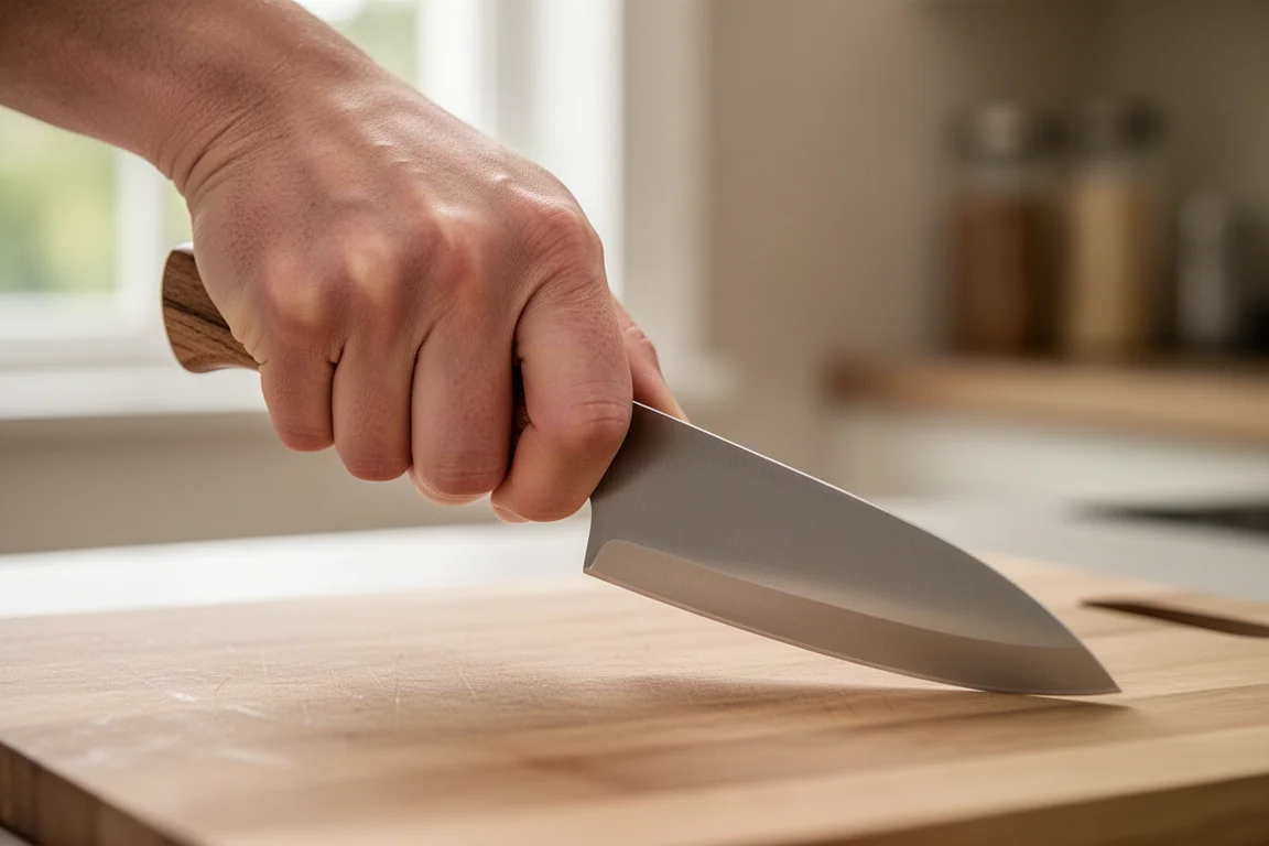 A tester's hand gripping a lightweight kitchen knife above a cutting board