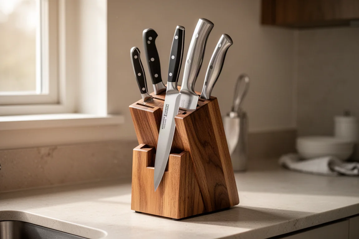 A petty knife resting in a kitchen knife block beside other knives
