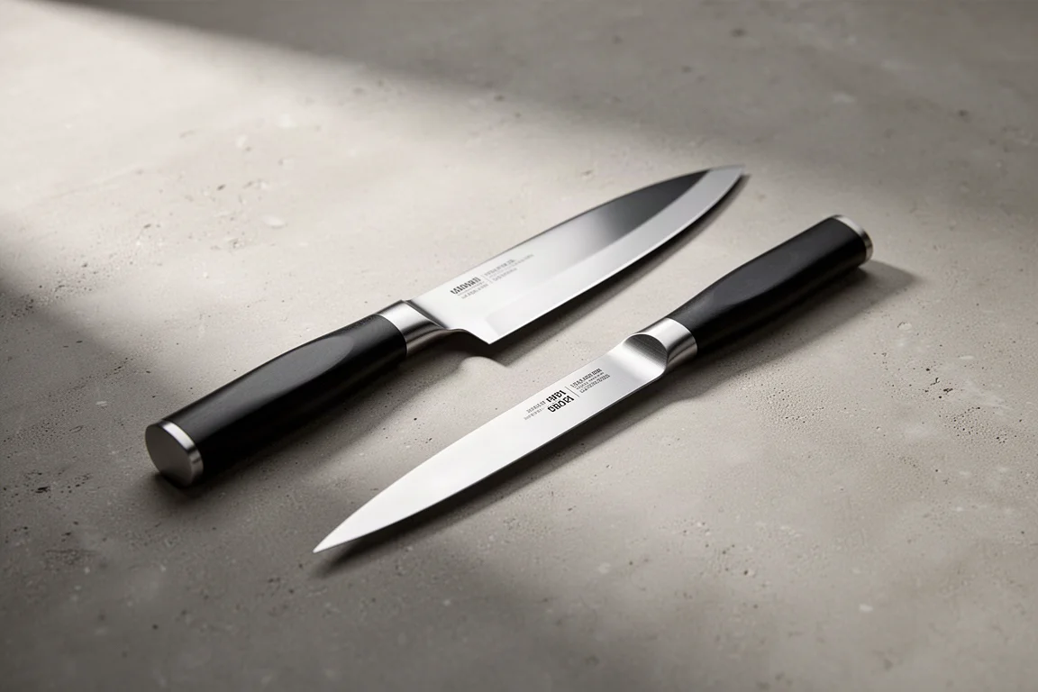Two slim kitchen knives on a concrete surface