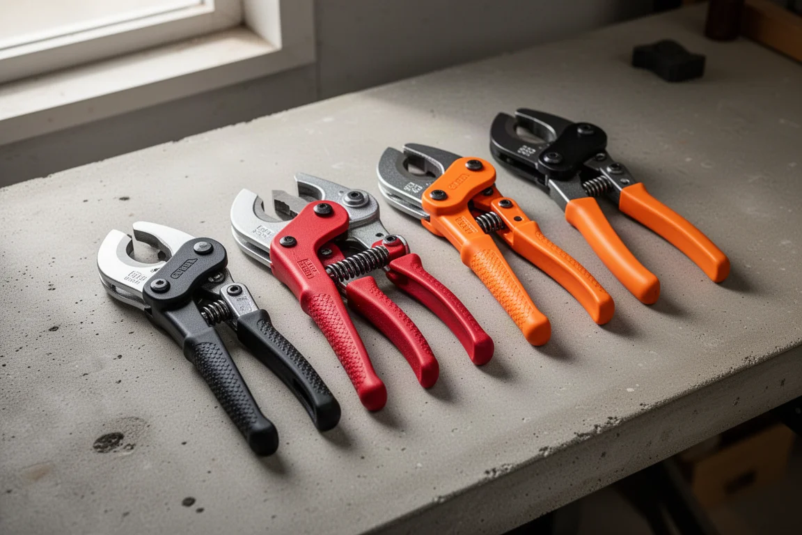 Five PEX cutters lined up on a concrete workbench