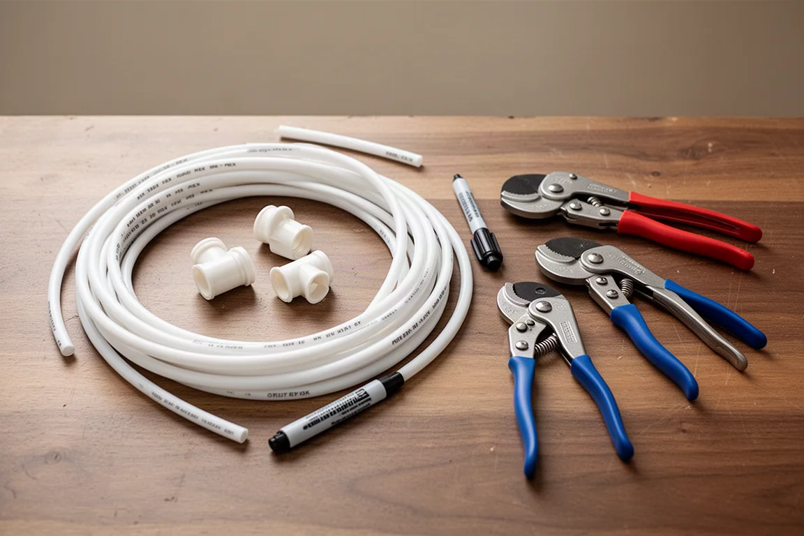 Bancada de encanamento com tubulação PEX, conexões e cortadores de tubo dispostos