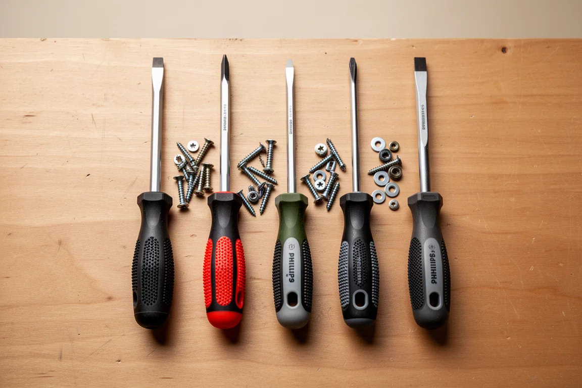 Vue à plat de cinq tournevis et de fixations sur un établi en bois