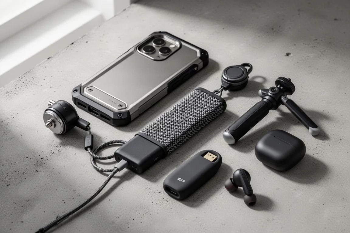 Flat-lay mit Handy-Zubehör: robustes Case, Ladegerät, Powerbank und SSD auf Beton
