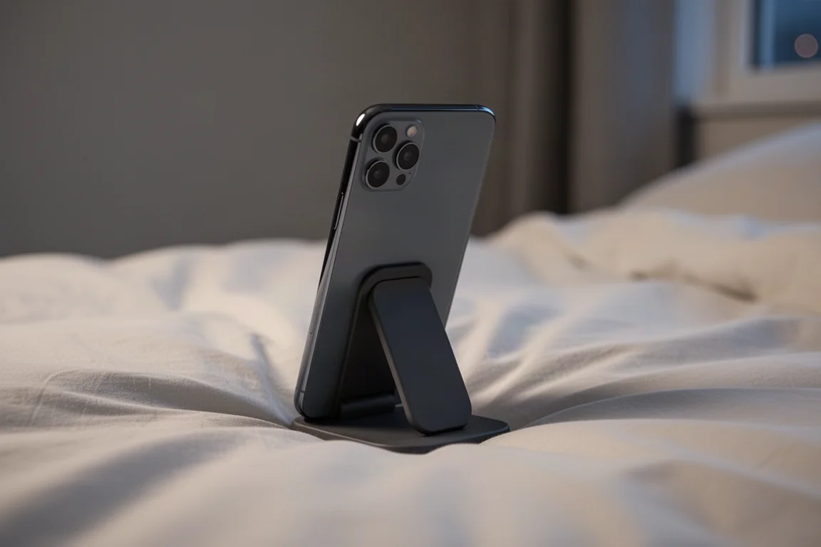 Smartphone liegt auf einem Bett, gehalten von einem schlanken Grip-Ständer aufrecht im Hochformat