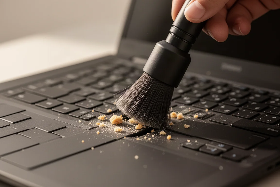 Krümel und Staub auf einer Laptop-Tastatur, die von einem kleinen Reinigungswerkzeug weggebürstet werden