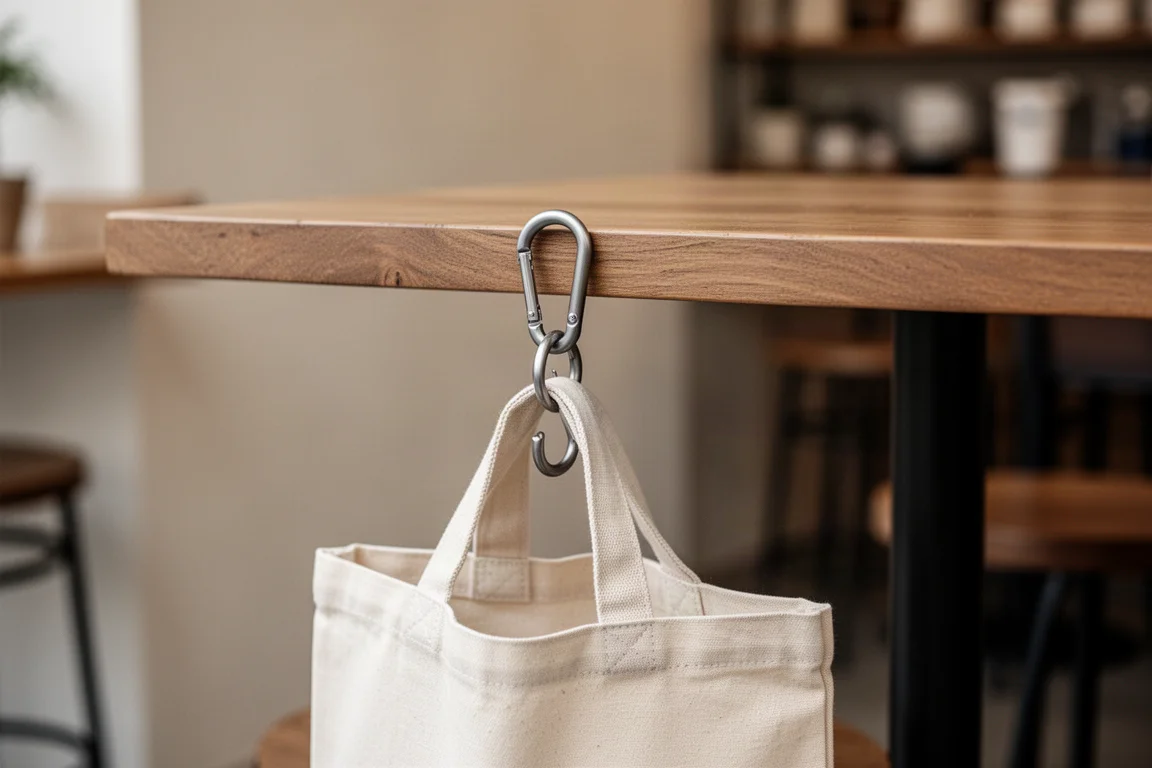 Kleiner Metallkarabiner-Haken, der eine Stofftasche von der Kante eines Café-Tisches hängt