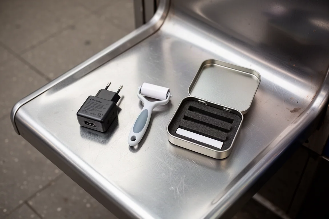 Jackentasche eines Pendlers mit kleinen Everyday-Carry-Objekten, ausgelegt auf einem U-Bahn-Sitz