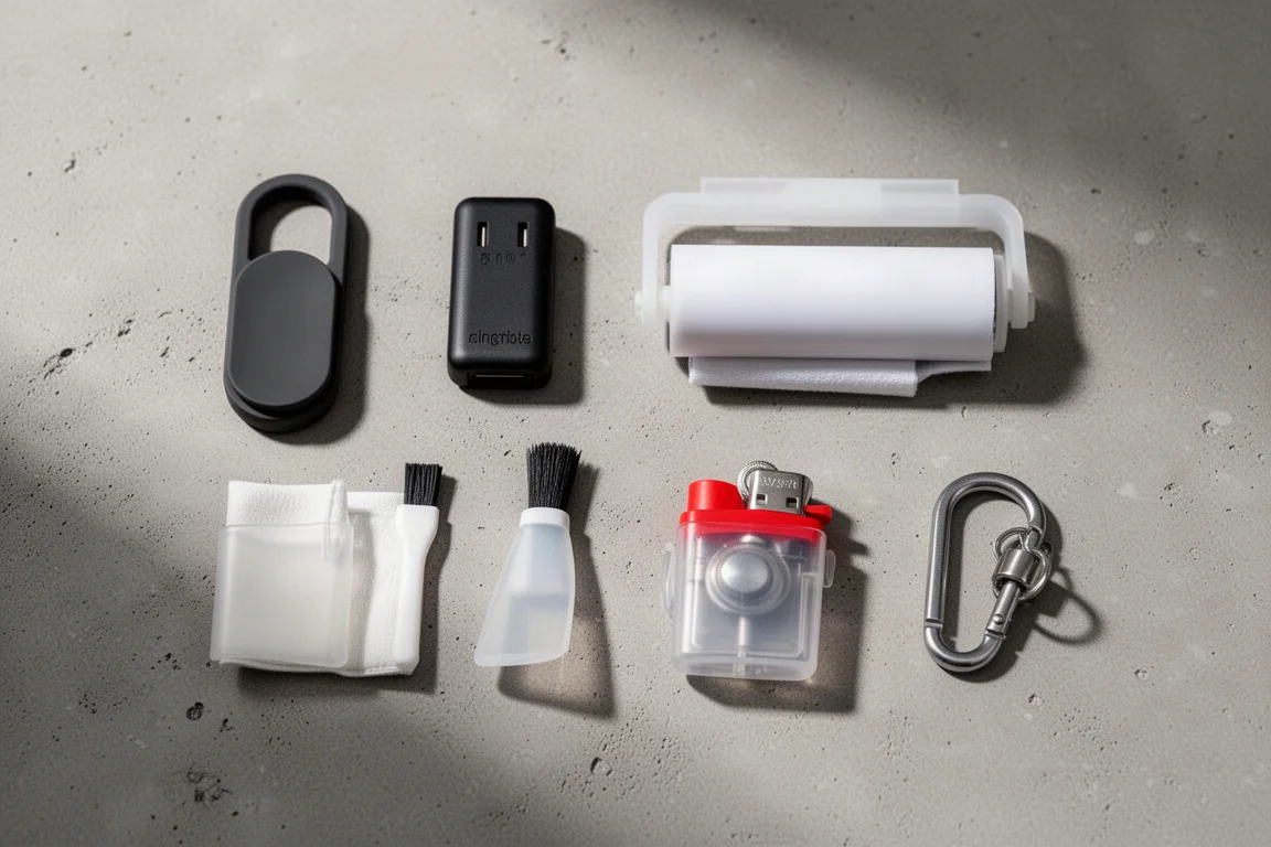 Flat-lay di sei piccoli accessori everyday carry su una superficie in cemento