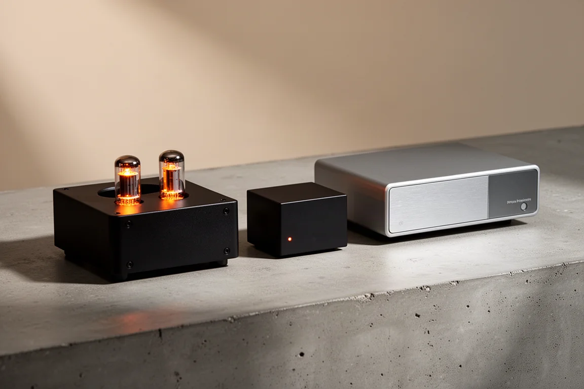 Three phono preamps on a matte surface: a compact tube unit, a slim black preamp, and a brushed metal preamp