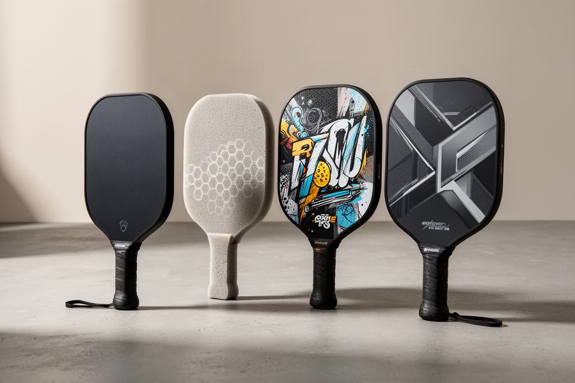 Four pickleball paddles arranged in a row on a matte concrete surface