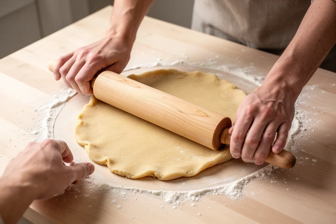 Hände rollen Kuchenteig mit einem schlichten Holznudelholz auf einer bemehlten Fläche aus