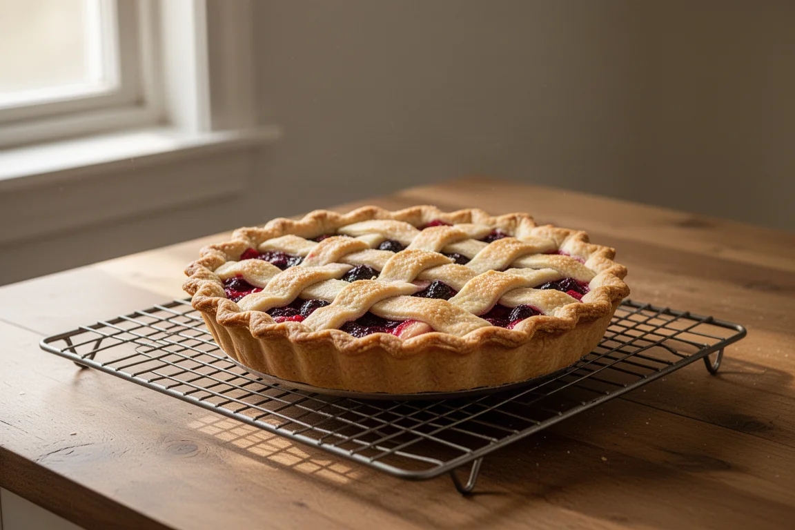 Fertiger hausgemachter Kuchen in einer hellen Küche auf einem Abkühlgitter