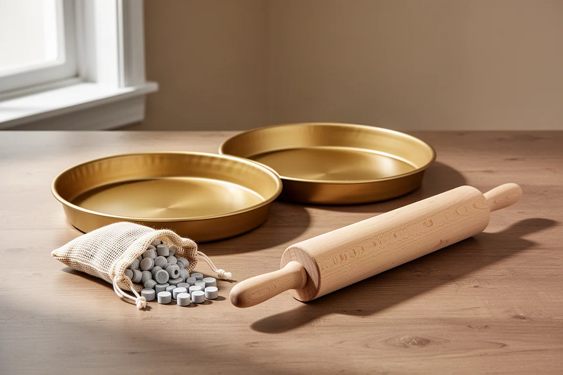 Gold-tone pie plate, ceramic pie weights, and maple rolling dowel on a wooden counter