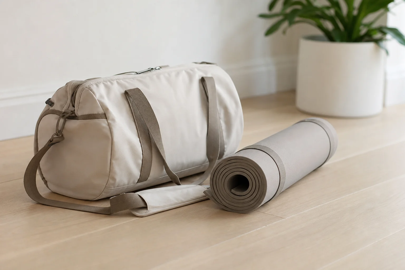 A basic rolled exercise mat next to a gym bag in a fitness setting