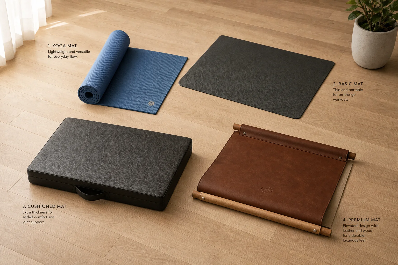 Four different pilates and yoga mats arranged on a wooden floor