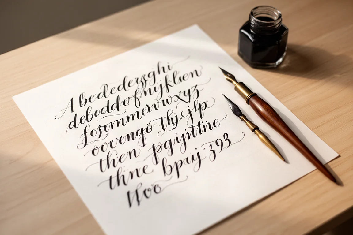 Kalligraphie-Übungsseite mit breiten und dünnen Kursivstrichen