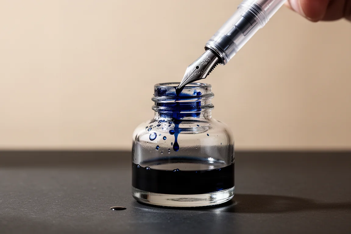 Füllfederhalter wird aus einer Glasflasche mit blauer Tinte gefüllt