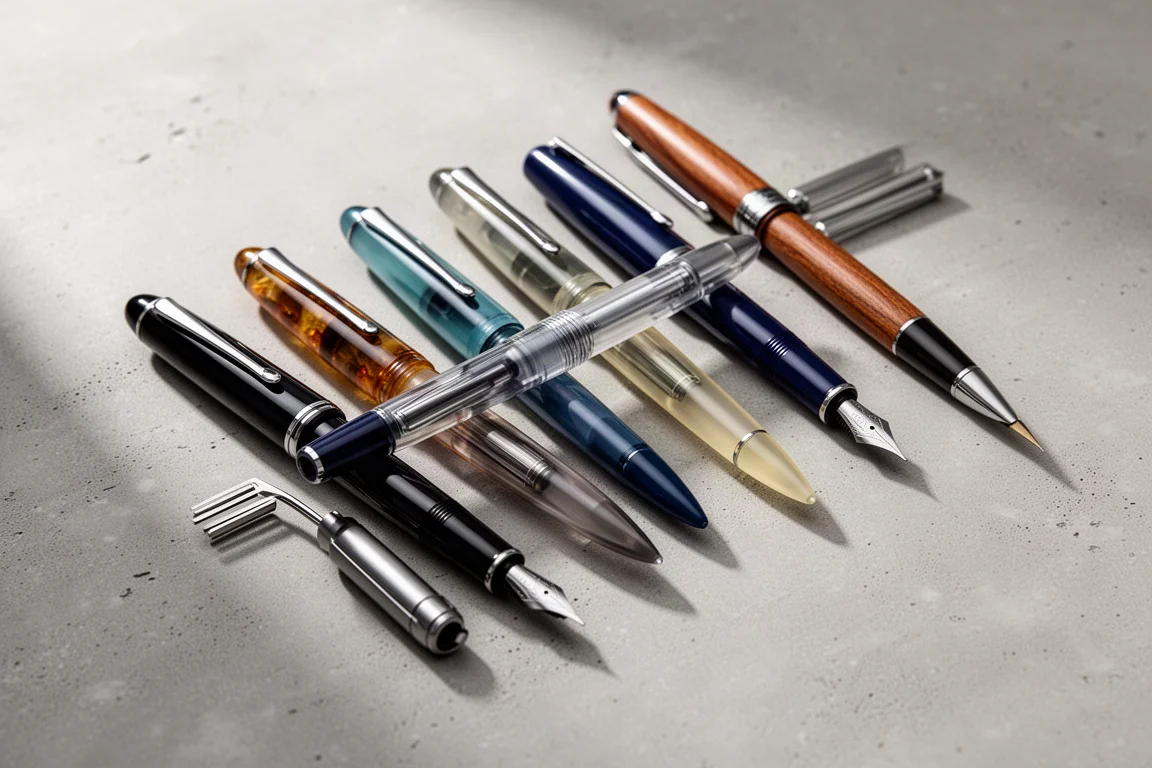 Lineup of assorted fountain pens arranged on a concrete surface