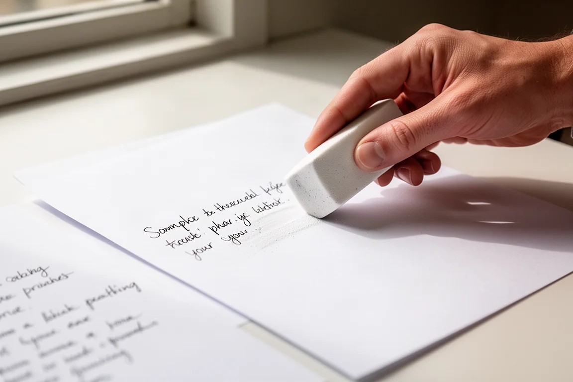 Une main efface des notes manuscrites nettes réalisées à l'encre gel effaçable
