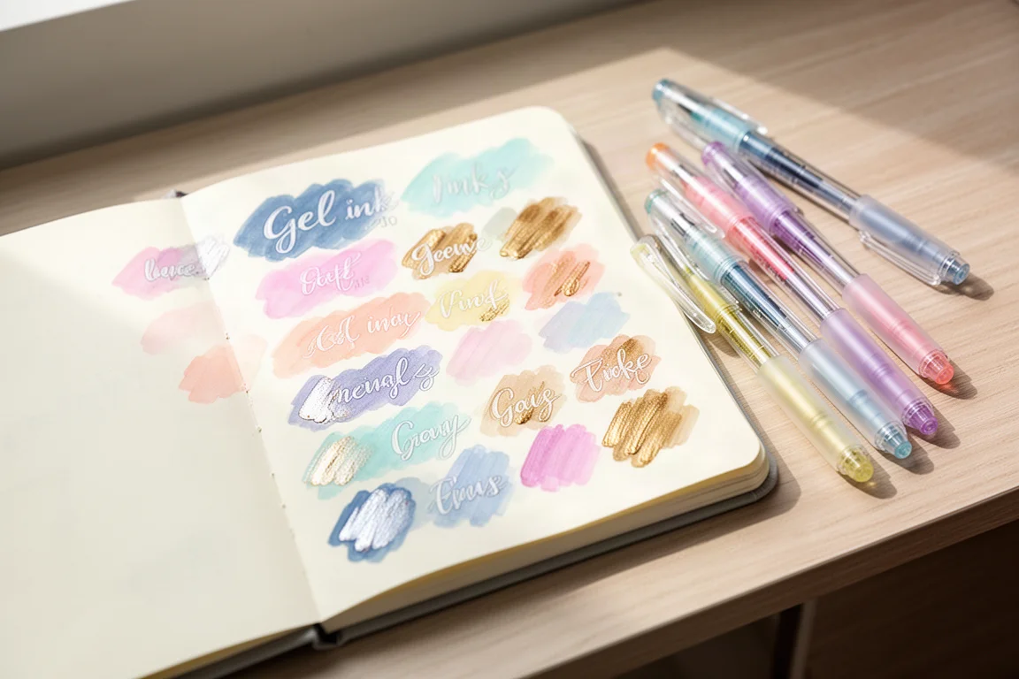 Des rangées de traits de stylos gel colorés essayés sur une page de carnet de croquis