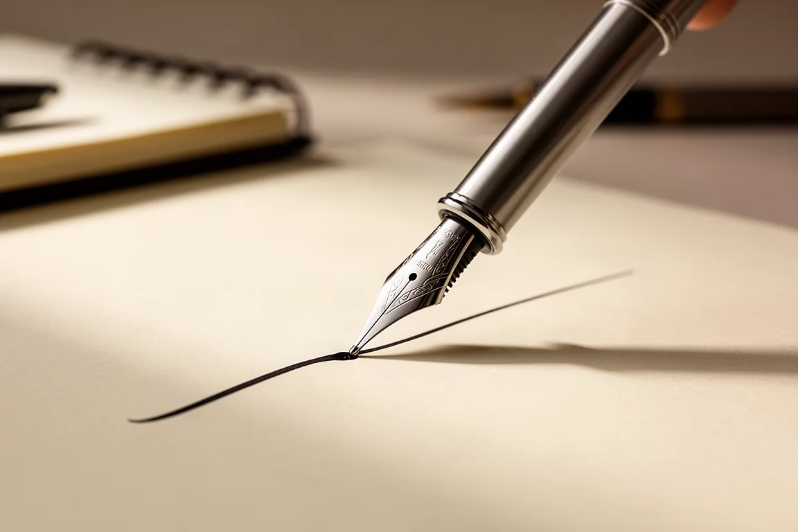 Une plume de stylo plume écrit en douceur sur du papier crème