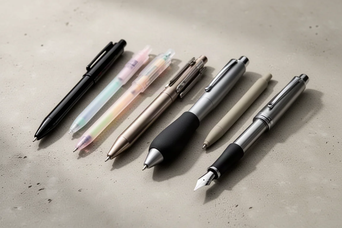 Six Pilot writing instruments arranged on a concrete surface