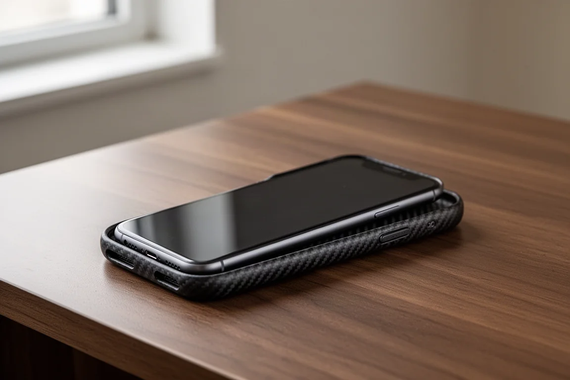 iPhone 13 Pro klickas in i ett smalt mörkt skal på ett träbord