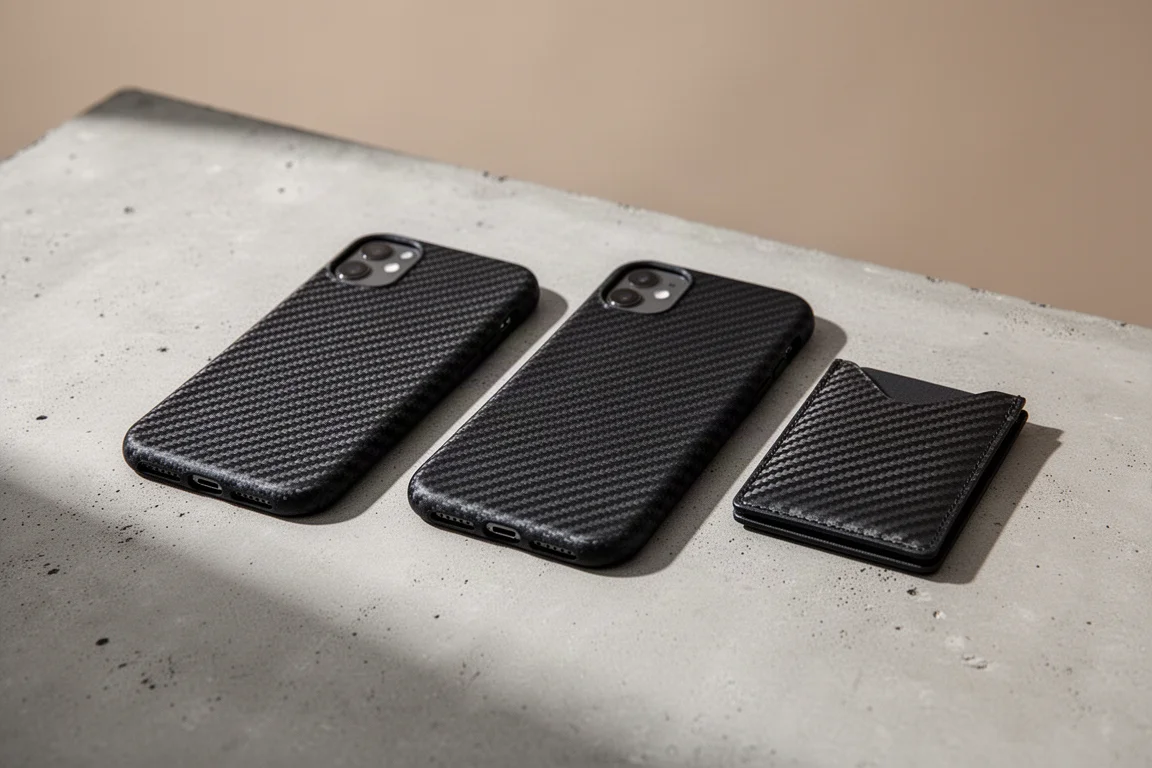 Three dark aramid fiber phone cases and a carbon fiber card wallet arranged on concrete