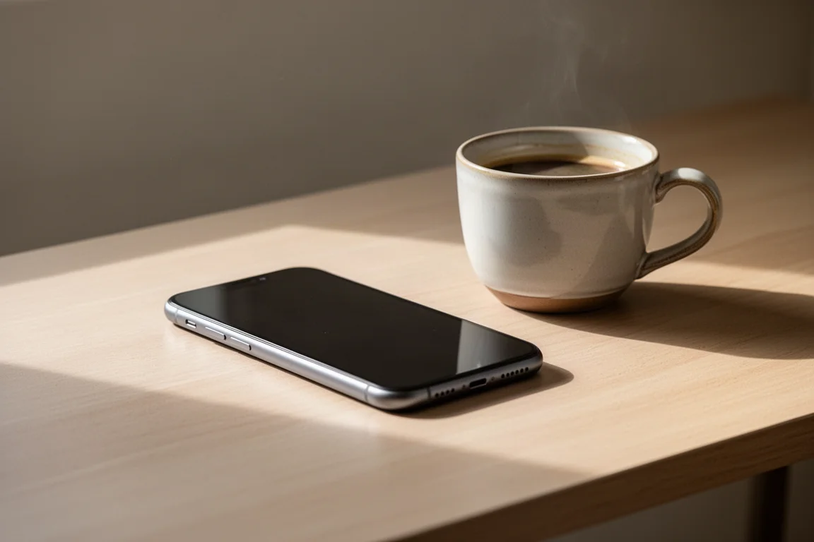 Smartphone moderno sobre un escritorio de madera junto a una taza de café con luz suave natural