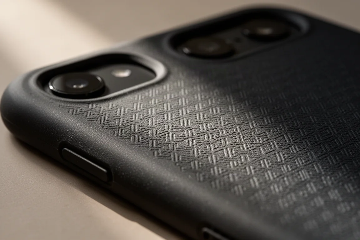 Superficie de funda de teléfono mate texturizada mostrada en primer plano extremo