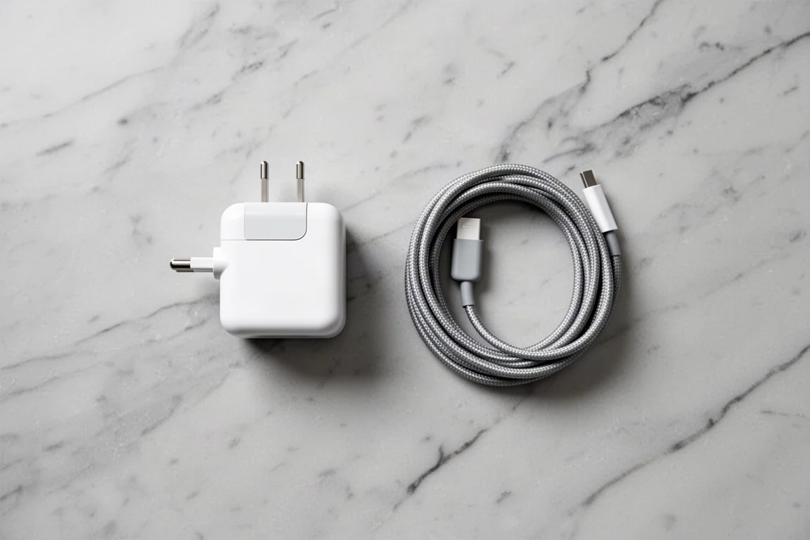 Cargador de pared compacto y cable trenzado dispuestos sobre una superficie de mármol