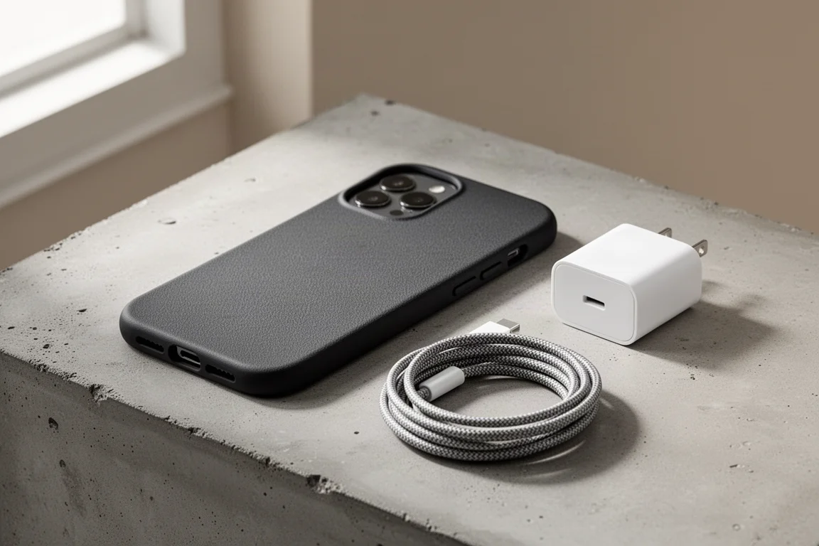 Smartphone in a textured case with charger and braided cable on concrete surface