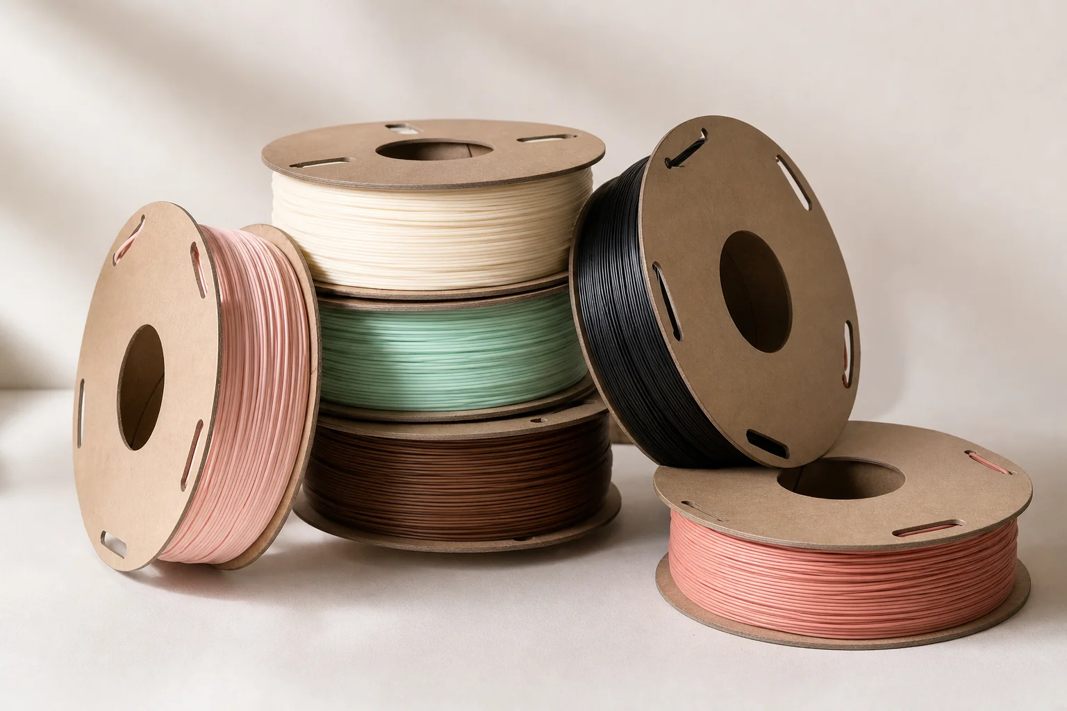 Bunte PLA-Filament-Spulen gestapelt, die eine Vielzahl von Farben zeigen