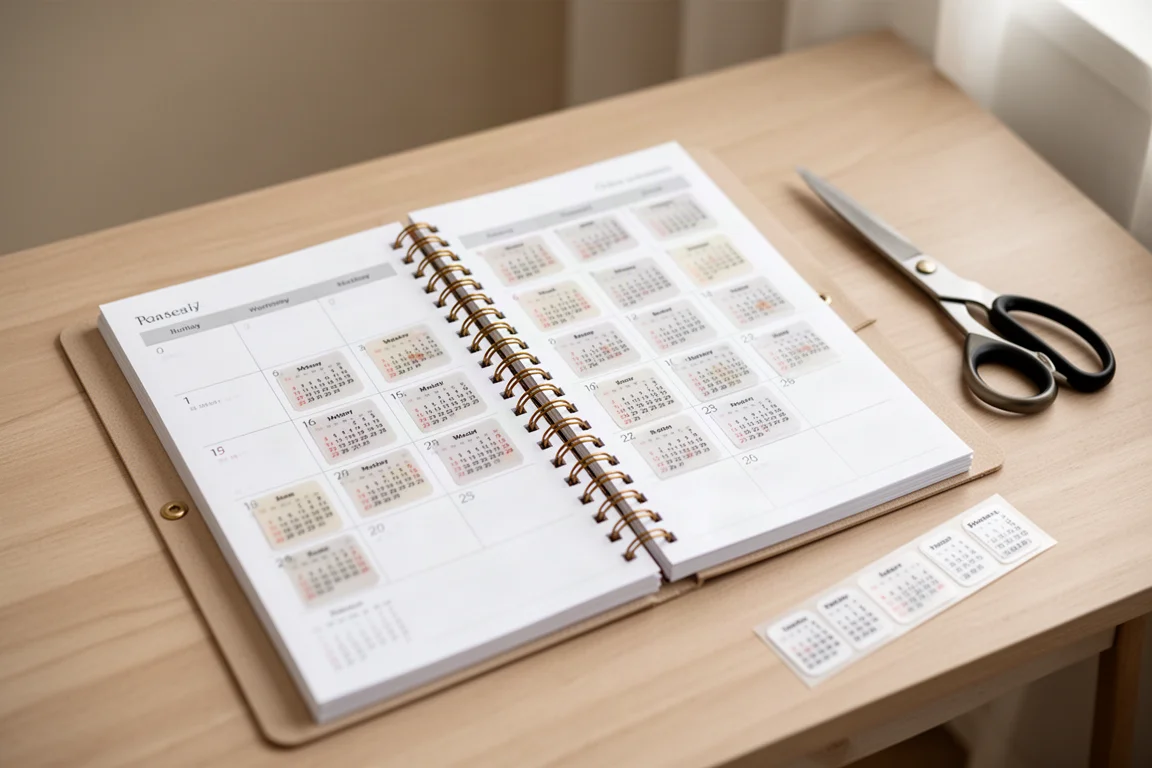 Open planner spread decorated with translucent calendar stickers