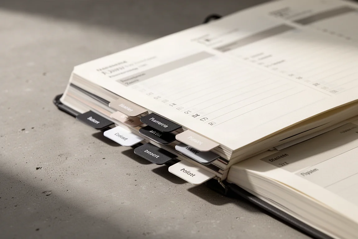 Colorful index tabs marking pages of an open notebook
