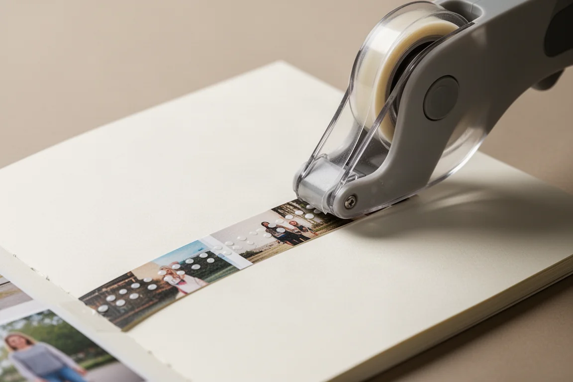 Tape runner laying a dotted adhesive line on thin planner paper