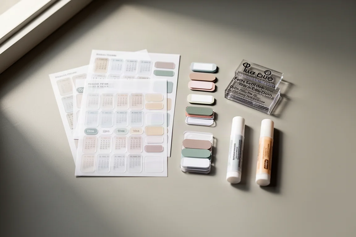 Flat-lay of planner stickers, index tabs, stamps, and glue sticks on a light desk