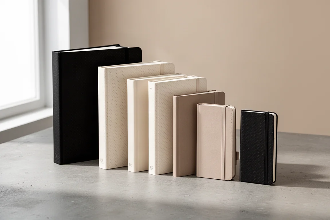 Assorted notebooks and planners in A5, B5, B6 and smaller sizes arranged on a concrete surface
