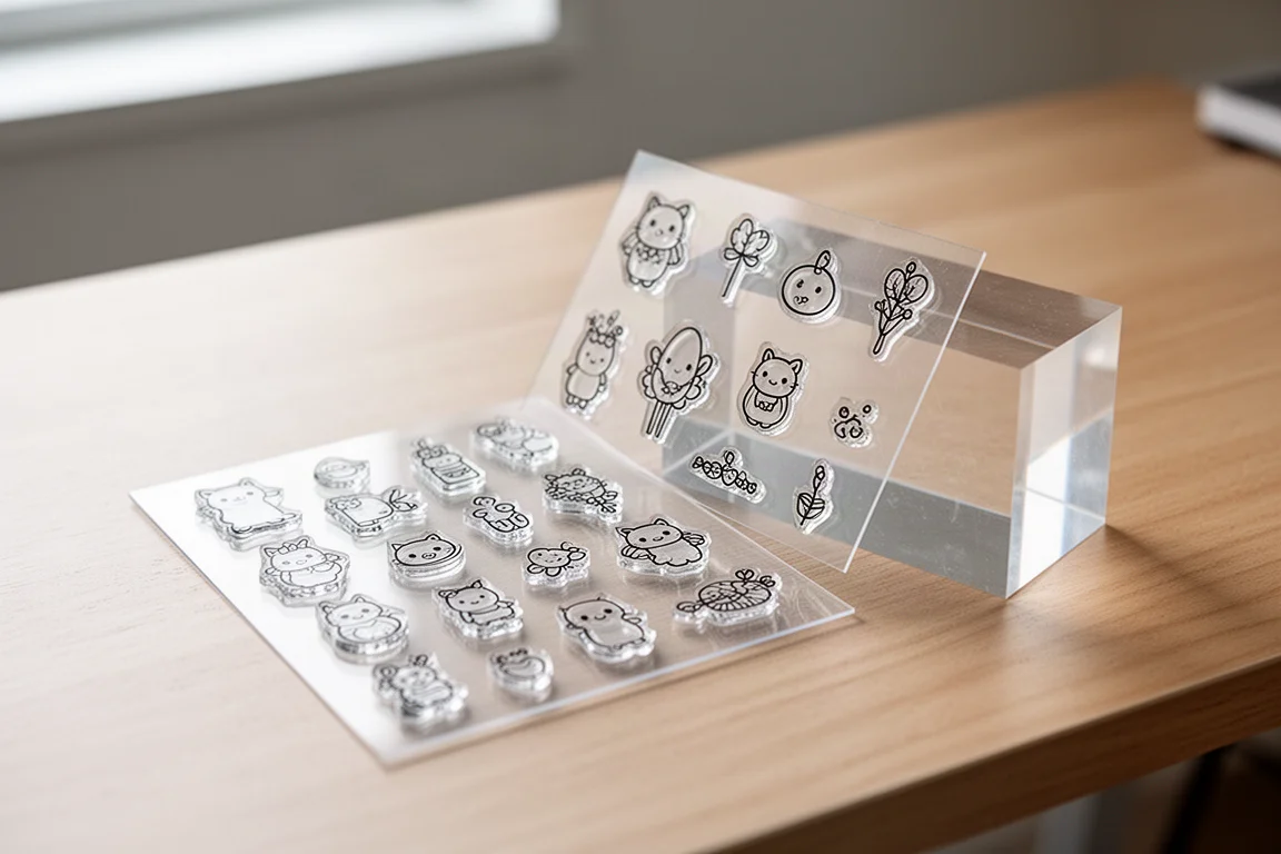 Ein Clear Stamp wird von einem transparenten Acrylblock auf einem Schreibtisch abgezogen