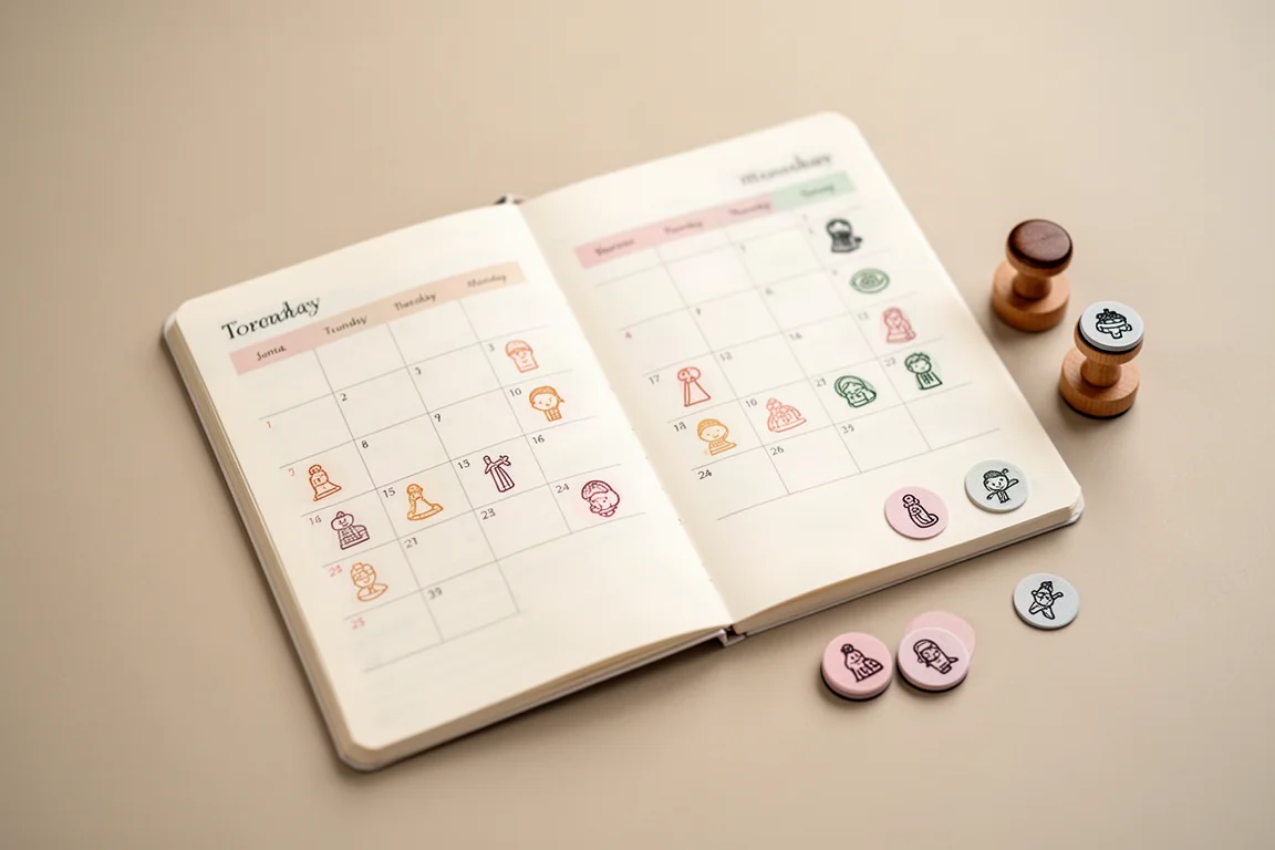 Kleine vorgetinte Stempel liegen in einem geöffneten Planner mit gestempelten kleinen Icons