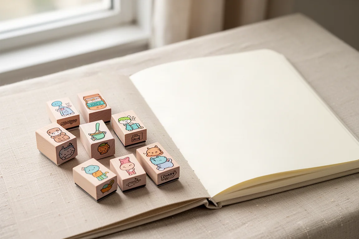 Verspielte Diary Stamp Designs neben einer geöffneten Journalseite