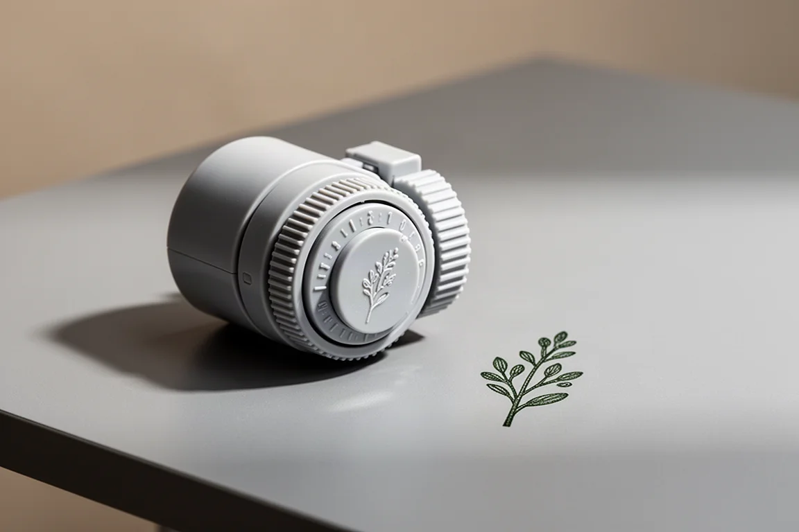 Rotierender Multi-Design-Stempel mit Drehrad-Detail auf einem minimalistischen Schreibtisch
