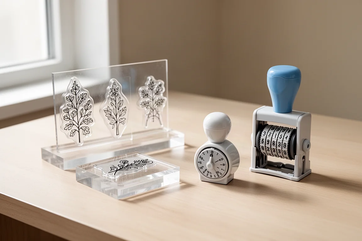 Assorted stationery stamps including clear stamps, pre-inked stamps, and a rotating date stamp on a wooden desk