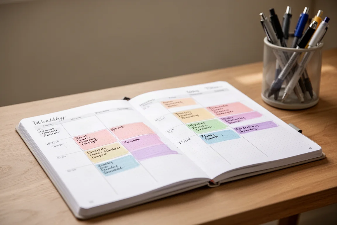 Agenda abierta con resaltados de colores y bloques de horario escritos a mano