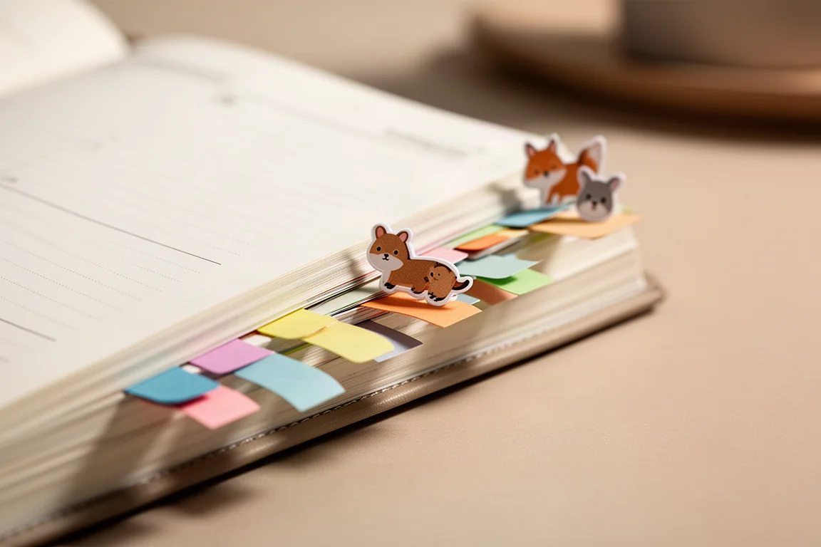Separadores de índice de papel y clips metálicos colocados en páginas de una agenda