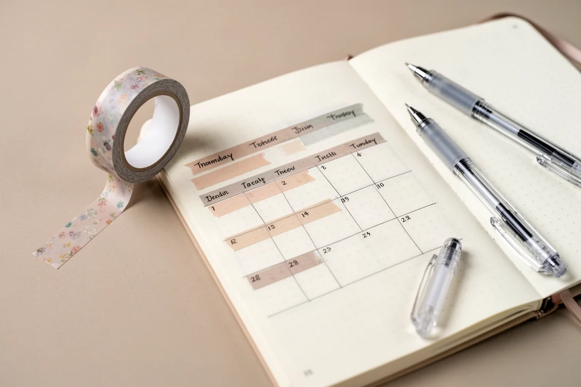 Cinta washi aplicándose en un cuaderno de puntos para crear un diseño de calendario