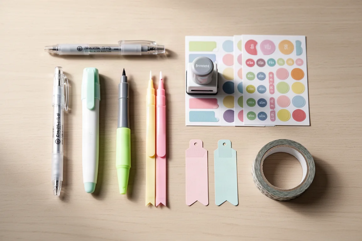 Flat-lay of planner supplies including pens, stamps, stickers, and washi tape