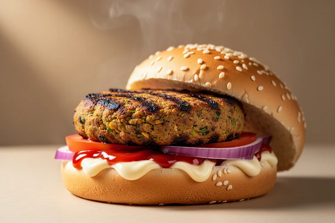 Burger King 式明火燒烤植物漢堡,漢堡餅帶有燒焦痕跡